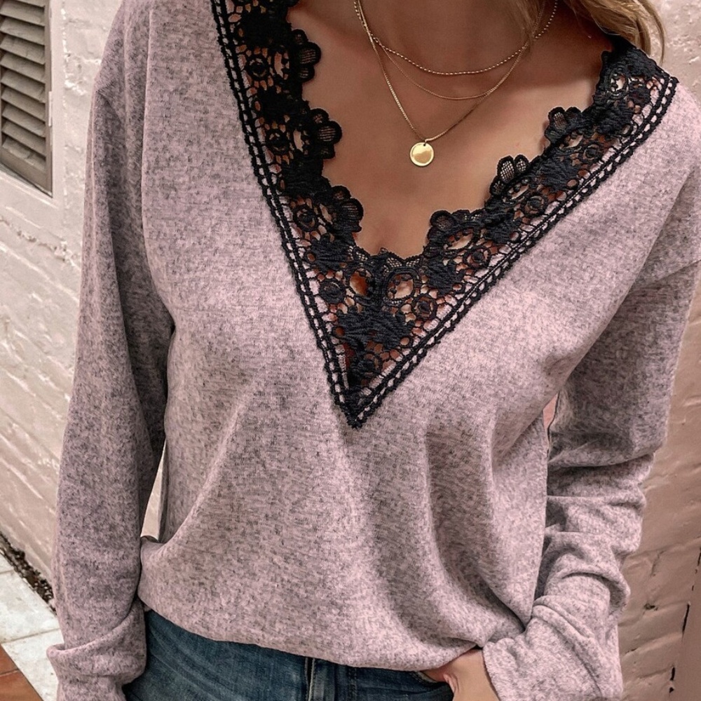 Boho Dusty pink Floral lace V neck oversized Top - Picture 9 of 10